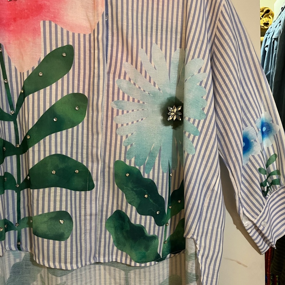 Yolly Striped Floral Button-Up Blouse - Pink & Blue - Picture 5 of 14